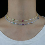 Rainbow CZ Daisy Flower Charm Tennis Chain Necklace