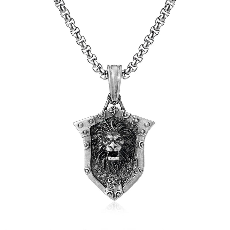 Titanium Steel Lion Shield Pendant Necklace Retro Craft