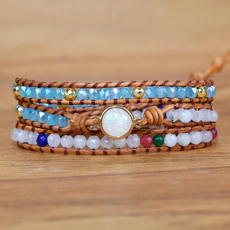 Women's Stone Beads Braided Wrap Bangle Jewelry