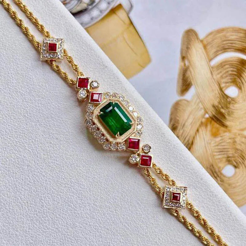 French Inlaid Diamond Emerald Bracelet Plated with Ruby - Silver Jewelry