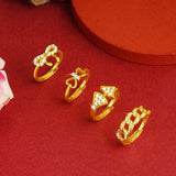 Heart Bow Women's Ring Micro Crystal Rhinestone Jewelry Gift 24K Golden Ring