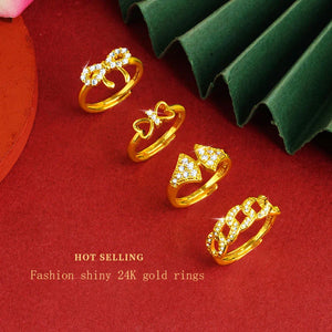 Heart Bow Women's Ring Micro Crystal Rhinestone Jewelry Gift 24K Golden Ring