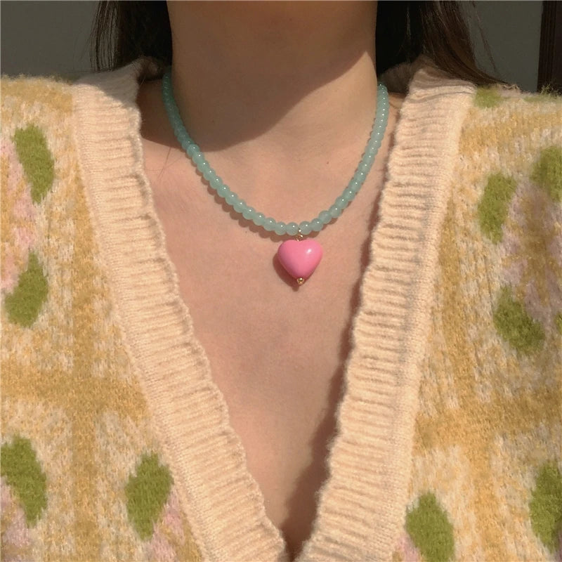 Goth Vintage Pink Heart Pendant Choker Necklace Y2K Jewelry