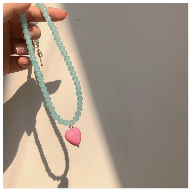 Goth Vintage Pink Heart Pendant Choker Necklace Y2K Jewelry