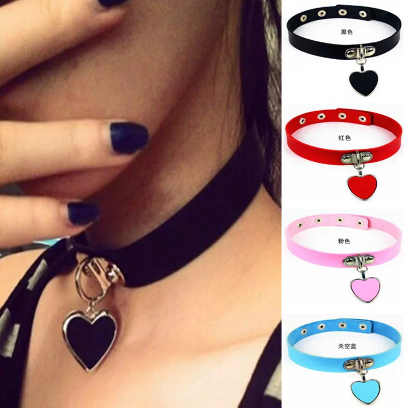 Gothic Heart Pendant Necklace Leather Collar Punk Rock Harajuku Charm Jewelry