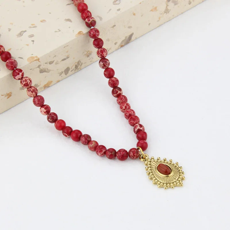 18KGF Banquet Jewelry Woman Natural Stone Beaded Necklace Pendant