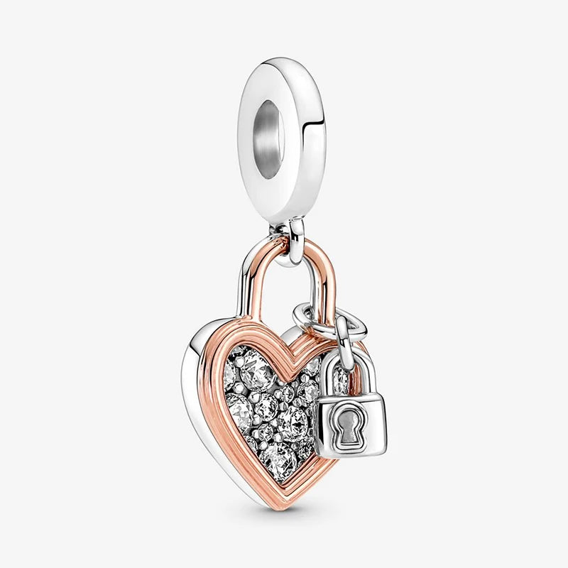 S925 Sterling Silver Heart Padlock Double Charm Bracelet Set