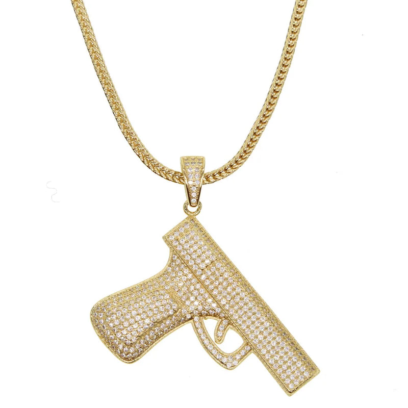 Hip Hop CZ Gun Pendant Necklace Franco Chain Iced Out Bling