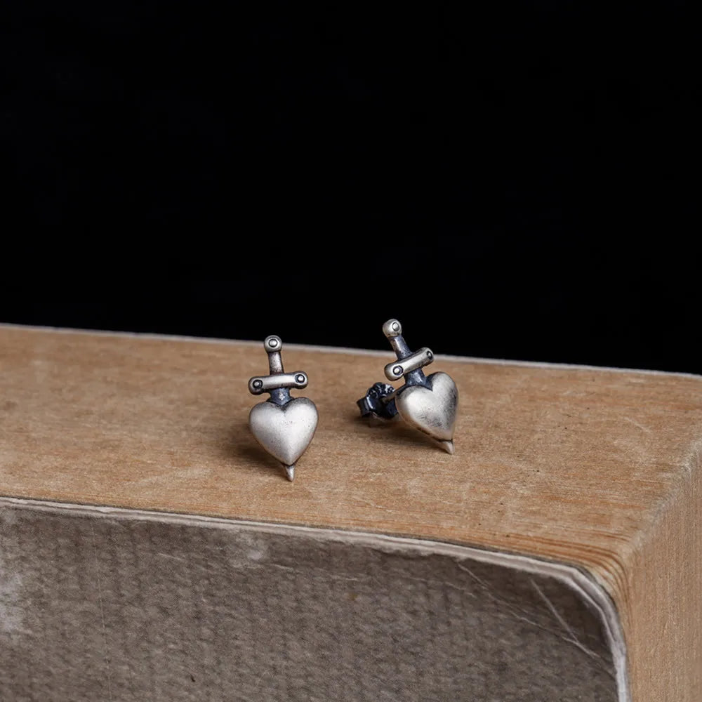 925 Silver Heart Stud Earrings Gothic Punk Jewelry
