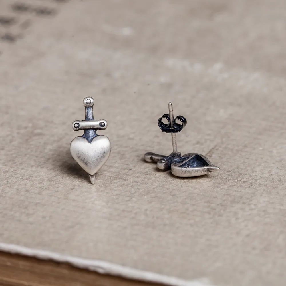 925 Silver Heart Stud Earrings Gothic Punk Jewelry