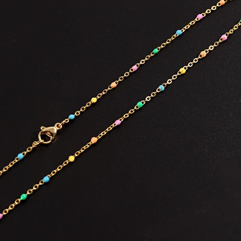 Colorful Women Chain Necklace Stainless Steel Round Bead Link Choker Chain