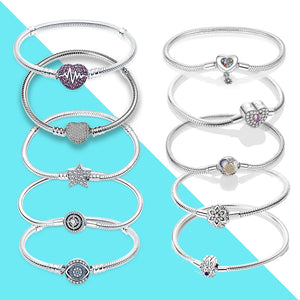 925 Silver Star & Heart Snake Chain Bracelet for Charm Beads DIY Jewelry