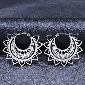 Stainless Steel Hoop Earrings Silver Flower Round Jewelry
