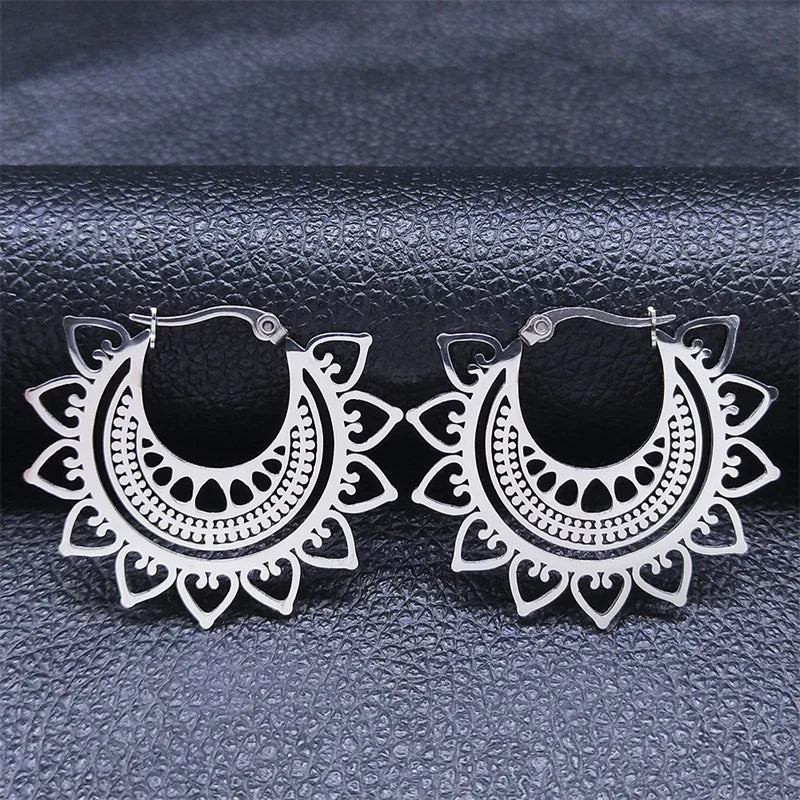 Stainless Steel Hoop Earrings Silver Flower Round Jewelry