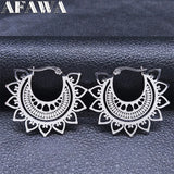 Stainless Steel Hoop Earrings Silver Flower Round Jewelry