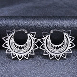 Stainless Steel Hoop Earrings Silver Flower Round Jewelry