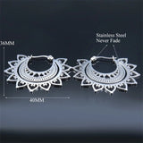 Stainless Steel Hoop Earrings Silver Flower Round Jewelry