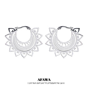 Stainless Steel Hoop Earrings Silver Flower Round Jewelry