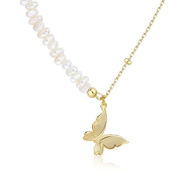 925 Silver Butterfly Pendant Necklace w/ Irregular Pearl Chain, Women Jewelry