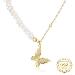 925 Silver Butterfly Pendant Necklace w/ Irregular Pearl Chain, Women Jewelry