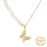 925 Silver Butterfly Pendant Necklace w/ Irregular Pearl Chain, Women Jewelry
