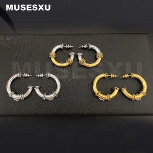 Zircon Inlaid Round Earrings Two Metal Ear Ring Retro Jewelry