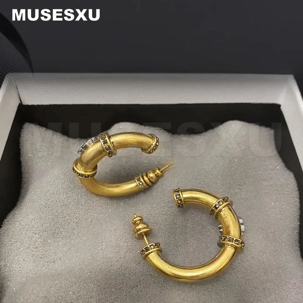 Zircon Inlaid Round Earrings Two Metal Ear Ring Retro Jewelry