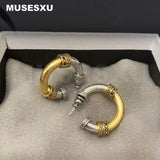 Zircon Inlaid Round Earrings Two Metal Ear Ring Retro Jewelry