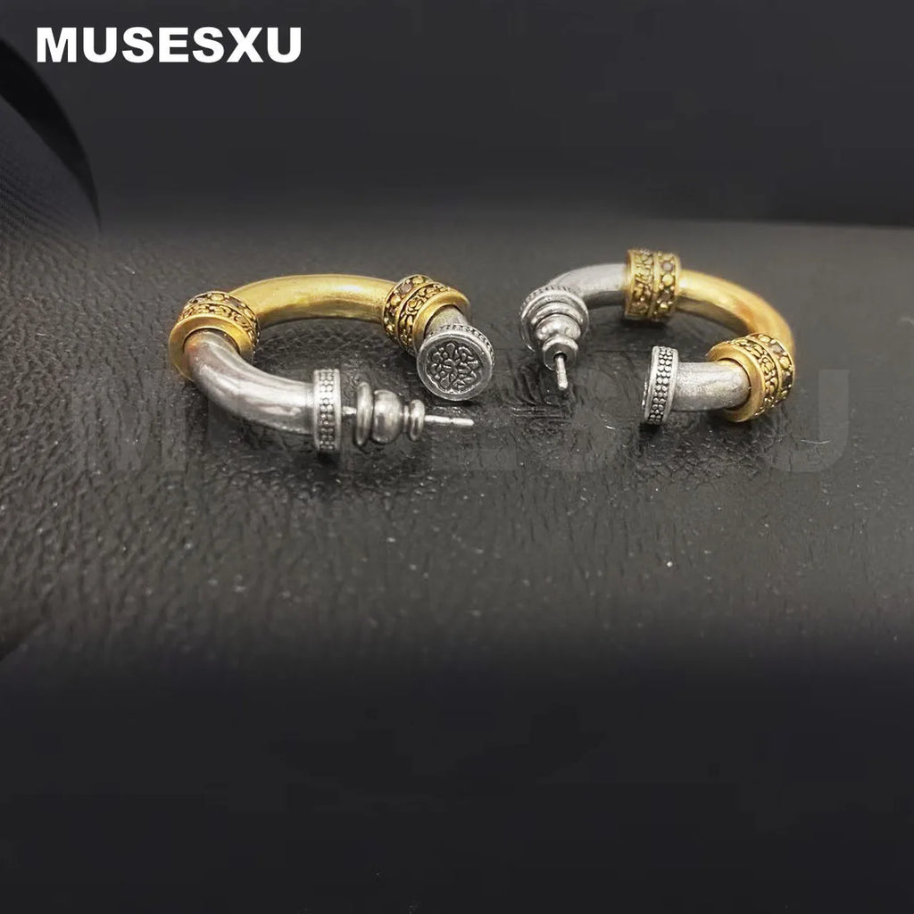 Zircon Inlaid Round Earrings Two Metal Ear Ring Retro Jewelry