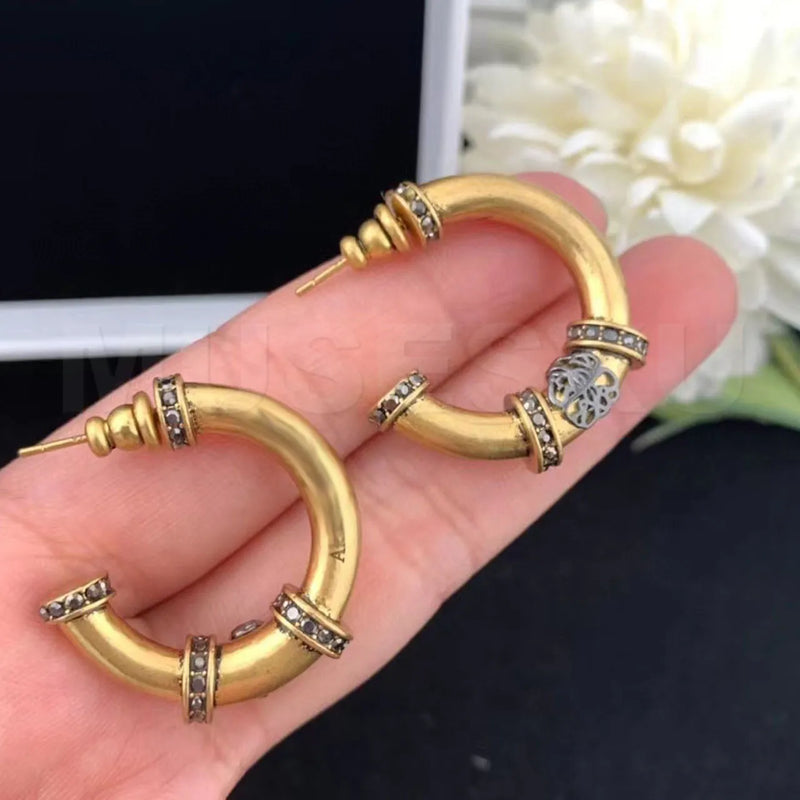 Zircon Inlaid Round Earrings Two Metal Ear Ring Retro Jewelry