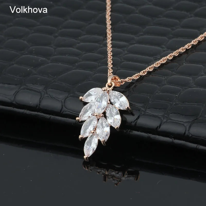 Rose Charm Necklace Leaf Pendant for Women Cubic Zircon Statement Party