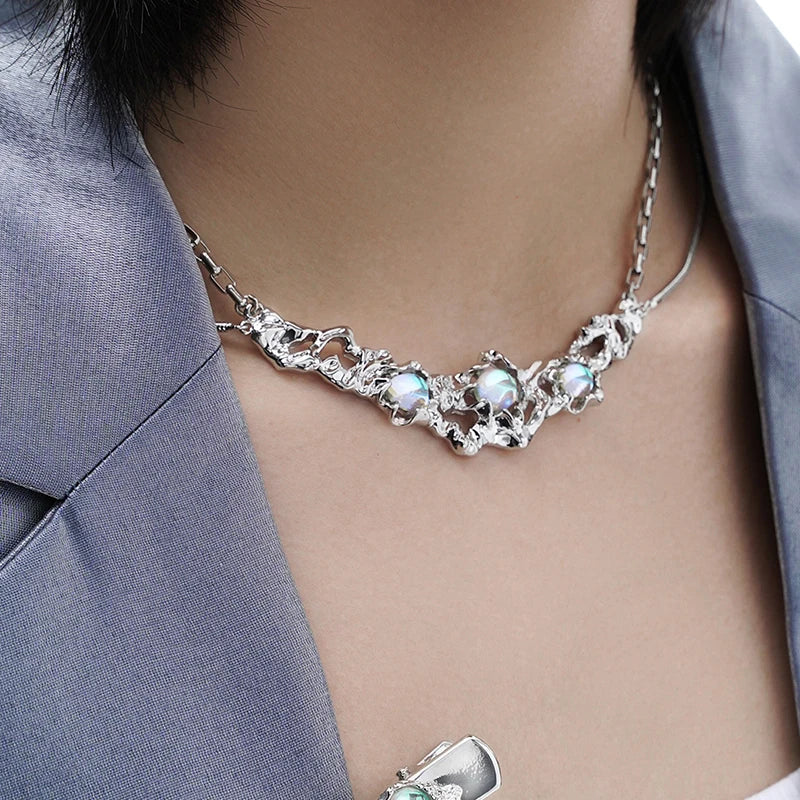 Moonstone Pendant Necklace Glowing Moon Light Charm Chunky Jewelry Gift