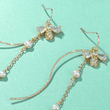 Zircon Tassel Chain Pendant Bee Freshwater Pearl Drop Earrings