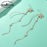 Zircon Tassel Chain Pendant Bee Freshwater Pearl Drop Earrings
