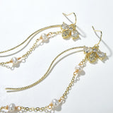 Zircon Tassel Chain Pendant Bee Freshwater Pearl Drop Earrings