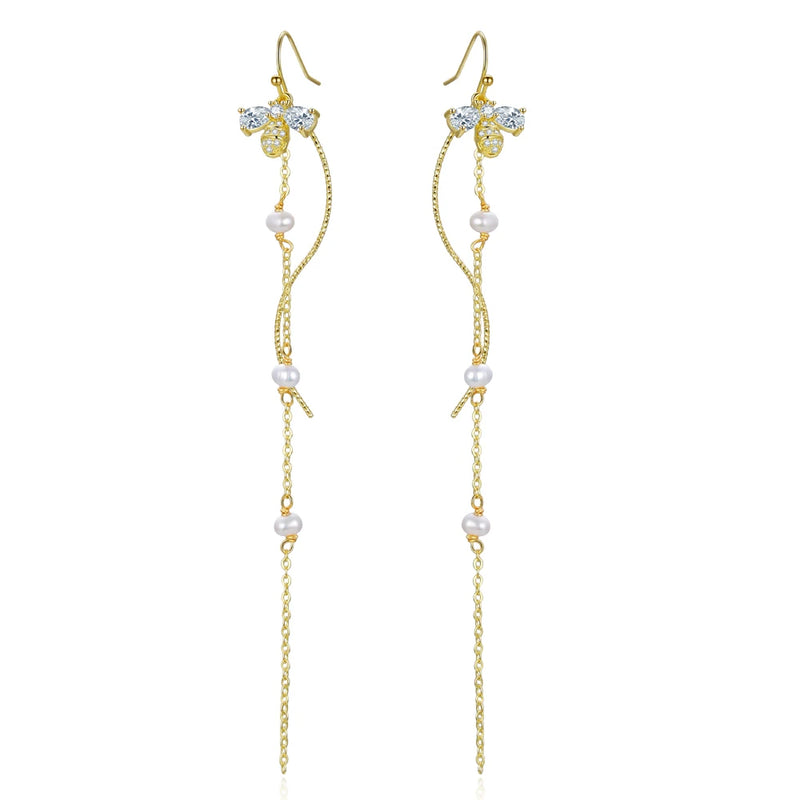 Zircon Tassel Chain Pendant Bee Freshwater Pearl Drop Earrings