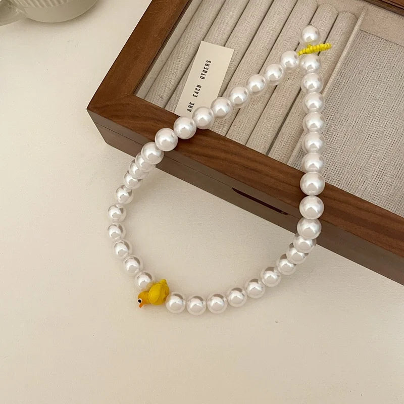 Yellow Duck Highlight Pearl Necklace Female Beaded Collarbone Chain