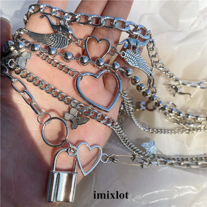 Kpop Punk Vintage Goth Heart Feather Pendant Choker Necklace