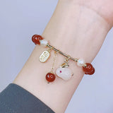 Red Beaded Rabbit Bracelet Natural Stone Pendant Gift