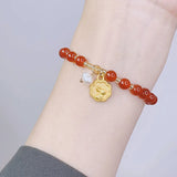 Red Beaded Rabbit Bracelet Natural Stone Pendant Gift