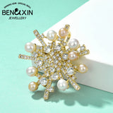 Pearl Snowflake Brooch Zircon Pins Suit Accessory Women's Corsage