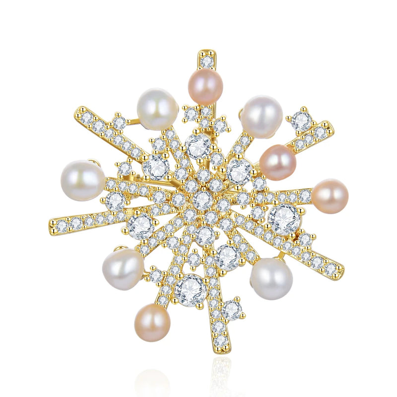 Pearl Snowflake Brooch Zircon Pins Suit Accessory Women's Corsage