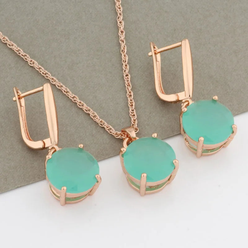 585 Rose Jewelry Sets For Women 12mm Round Earrings And Pendant Set Jewelry