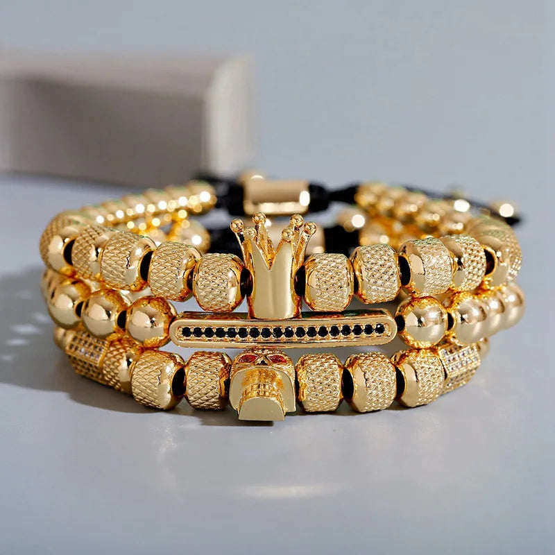 Men's Crown Skull Copper Beads Bracelet Set