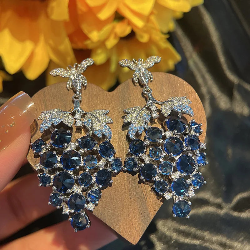 S925 Silver Bee Grape Earrings Colorful Zircon Dangle Long Earrings