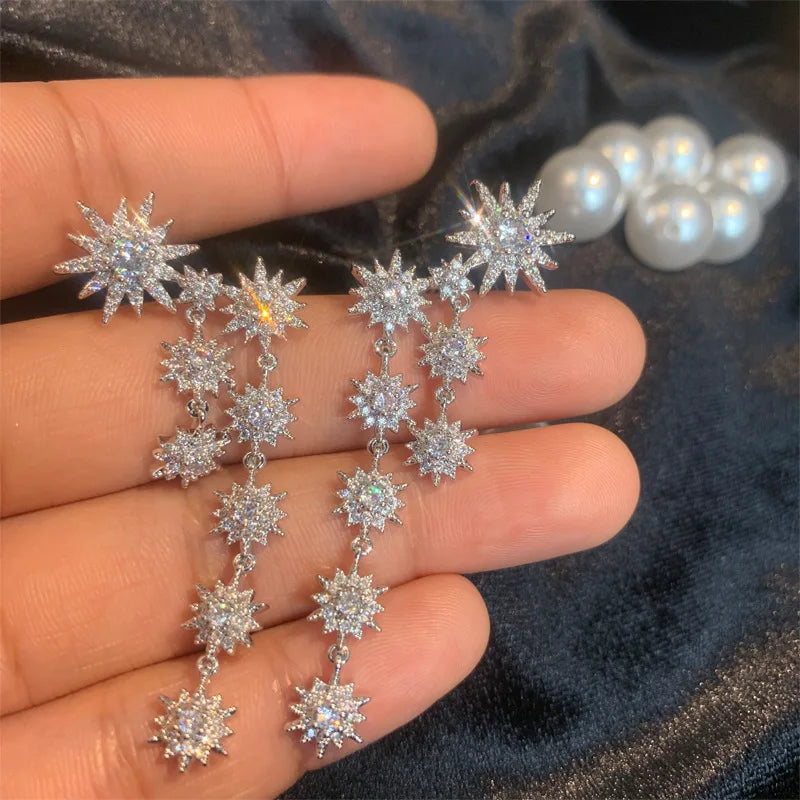 925 Silver Tassel Dangle Earrings Stars Wedding Jewelry