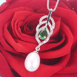 Elegant Freshwater Pearl Necklace with Green Crystal Pendant