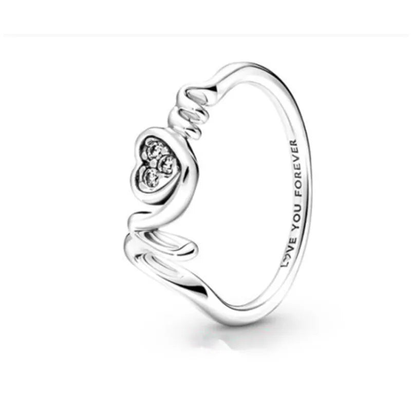 Mother's 925 Silver Double Heart Family Pan Ring Gift Women