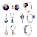 925 Silver Pan Butterfly Hoop Freehand Heart Earrings & Purple Pansy Flower Ring
