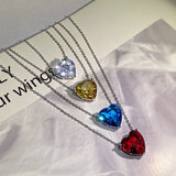 Love Pendant Necklace Colorful Crystal Diamond Heart Shape Crown Silver Plate